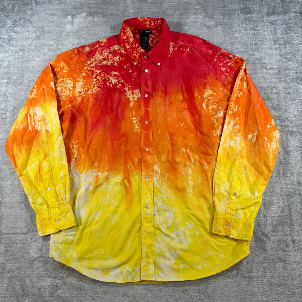 Versace Sport Shirt Mens XL Red Tie Dye Button Down Fire Party Made in Italy